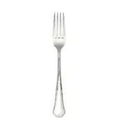 Stainless steel table fork with four tines, elongated handle, and vertical ridge, displayed on a white background.