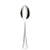 Silver spoon with elongated bowl and tapered handle, studio shot on white background, polished reflective surface.