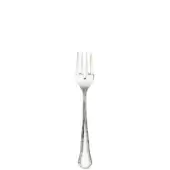 Silver fish fork with four tines, rounded handle, and polished metal finish centered on a white background.