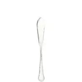 Silver fish knife with curved blade and slender handle, polished reflective surface, classic design for serving fish on white background.