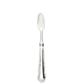 Sterling silver shellfish knife with elongated blade, fluted handle, and oval tip, displaying polished metal and hallmark markings.