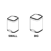 Pedal bins, light-colored metal, rectangular shape with rounded corners, side-by-side comparison of small and big sizes, matte finish.