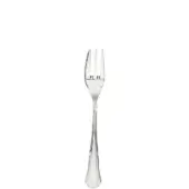 Silver dessert fork, stainless steel, slender handle with vertical fluting and scalloped end, centered on white background.