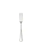 Silver fruit fork with four tines, curved handle, and vertical ridge detailing against a white backdrop.