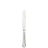Silver fruit knife with curved blade, ribbed handle, and polished finish against a white backdrop.