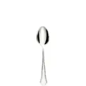 Silver fruit spoon with oval bowl and scalloped handle, polished reflective surface, centered on white background, studio lighting.