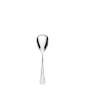 Silver ice cream spoon, polished finish, rounded bowl, slender handle, pointed oval base, minimalist design, white background.