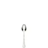 Silver coffee spoon with oval bowl and pointed finial, polished stainless steel, centered on white background, traditional design.