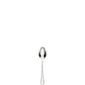 Silver coffee spoon with oval bowl and pointed handle, polished stainless steel, centered on white background, diffused lighting.