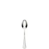 Silver teaspoon with elongated oval bowl and curved handle, featuring a polished reflective finish and subtle rectangular detail.