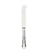 Silver cheese knife with curved blade and fluted handle, detailed metallic finish, studio product shot on white background.