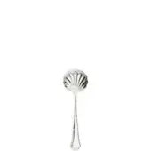Silver cheese spoon with scalloped bowl, featuring a fan-like pattern and slender, tapered handle, displayed on a white background.