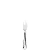 Silver parmesan fork with three rounded tines, fluted handle, and polished sheen against a white backdrop.