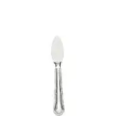 Silver parmesan knife, teardrop blade, fluted handle, polished finish, vertical grooves, rectangular stamp, white background.