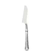 Cheese knife, silver-toned metal, curved blade with serrated edge and ridged handle, polished finish, studio product shot.