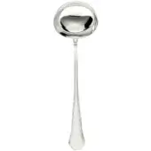 Silver soup ladle with rounded bowl, slender handle, and teardrop end, featuring vertical ridges and “ITALY” stamp on polished metal.
