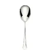 Silver serving spoon with oval bowl and slender handle, featuring a decorative ridge and polished metal finish on a white background.