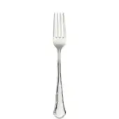 Silver serving fork with four tines, slender handle, curved shape, polished metallic sheen against a white backdrop.
