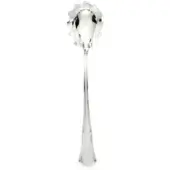 Silver spaghetti serving spoon with perforated bowl and fluted handle, polished metal finish, studio product shot on white background.