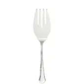 Silver fish server fork with three curved tines, broad scoop, embossed handle, and polished metallic sheen against a white backdrop.