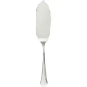 Stainless steel fish server knife with curved blade, scalloped edge, and teardrop handle, polished finish, white background.