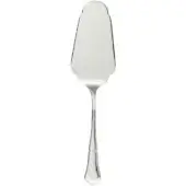 Silver cake server with curved scalloped blade and slender tapered handle, polished finish, decorative indentation, white background.