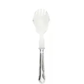 Zwilling serving fork, polished silver tone, features fluted handle and slotted, shallow plexiglass bowl for pasta or salad presentation.