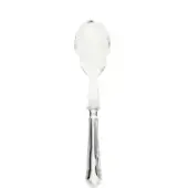 Silver serving spoon with plexiglass bowl, elongated handle, vertical ribbing, polished finish, and “Soliflex” stamp against white backdrop.