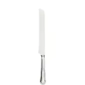 Silver bread knife with serrated blade and fluted handle, studio shot on white background, polished metallic finish, elongated rounded design.