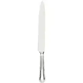 Carving knife with polished steel blade, silver metal handle, fluted design, teardrop end, and “SOLA” branding against a white backdrop.