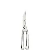 Poultry sheers with a polished silver finish, curved serrated blades, and elongated handles featuring decorative ends, studio shot.