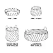 Almeria basket set, woven black and white line drawing, includes oval, small, medium & large round baskets with handles, diamond weave texture.