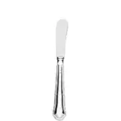 Silver butter knife with rounded blade and fluted handle, studio shot on white background, polished metal, detailed markings visible.
