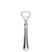 Silver-plated bottle opener with circular grip, fluted handle, and scalloped base; Wüsthof branding embossed near the bottom.
