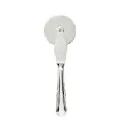 Stainless steel pizza cutter with circular blade, fluted handle, and polished finish, isolated on a white background.