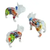 French bulldog sculptures, Juliarte Plaisire finish, glossy white with red, yellow, blue, green hand-painted designs and French text.