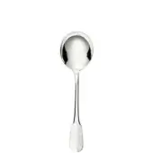 Silver soup spoon with rounded bowl and slender handle, polished reflective surface, centered on white background.