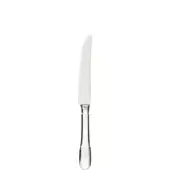 Steak knife with polished silver blade and handle, featuring a curved tip and slender, tapered design with subtle markings.