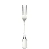 Silver table fork with four tines, slender neck, and teardrop handle, displayed on a white background with polished metal finish.