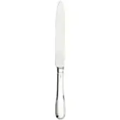 Silver table knife with tapered handle, rectangular bolster, and etched “Robbe & Berking” blade against a white backdrop.