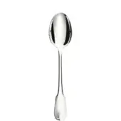 Silver table spoon, stainless steel, classic oval bowl and slender handle, polished reflective finish, studio product shot.