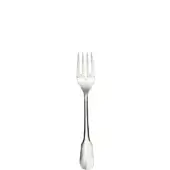 Silver fish fork with polished finish, three tines, curved handle, and teardrop-shaped end against a white backdrop.