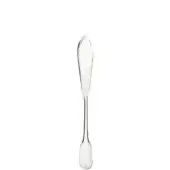 Silver fish knife with elongated blade, curved handle, and pointed tip, displayed on a white background.