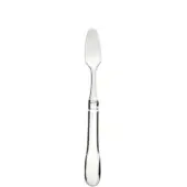 Silver shellfish knife with elongated blade and polished handle, featuring a curved form and horizontal band detail on a white background.
