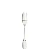 Silver dessert fork with polished finish, three tines, curved bowl, and tapered oval handle against a white backdrop.