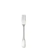 Silver fruit fork with four tines, slender curved neck, and oval handle, polished reflective stainless steel against white backdrop.
