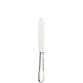 Silver fruit knife with curved blade and oval handle, featuring a polished metallic finish and vertical band detail.