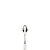 Silver coffee spoon with oval bowl and slender handle, polished stainless steel, centered on white background, reflective surface.