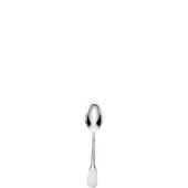 Silver coffee spoon with oval bowl and pointed handle, polished stainless steel, centered on white background, simple elegant design.