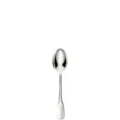 Silver teaspoon, polished stainless steel, elongated oval bowl and teardrop handle, minimalist tableware design on white background.